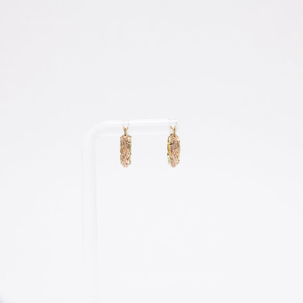 Double Walled Hawaiian Heritage Engraved Huggie Hoops in Rose and Green Gold