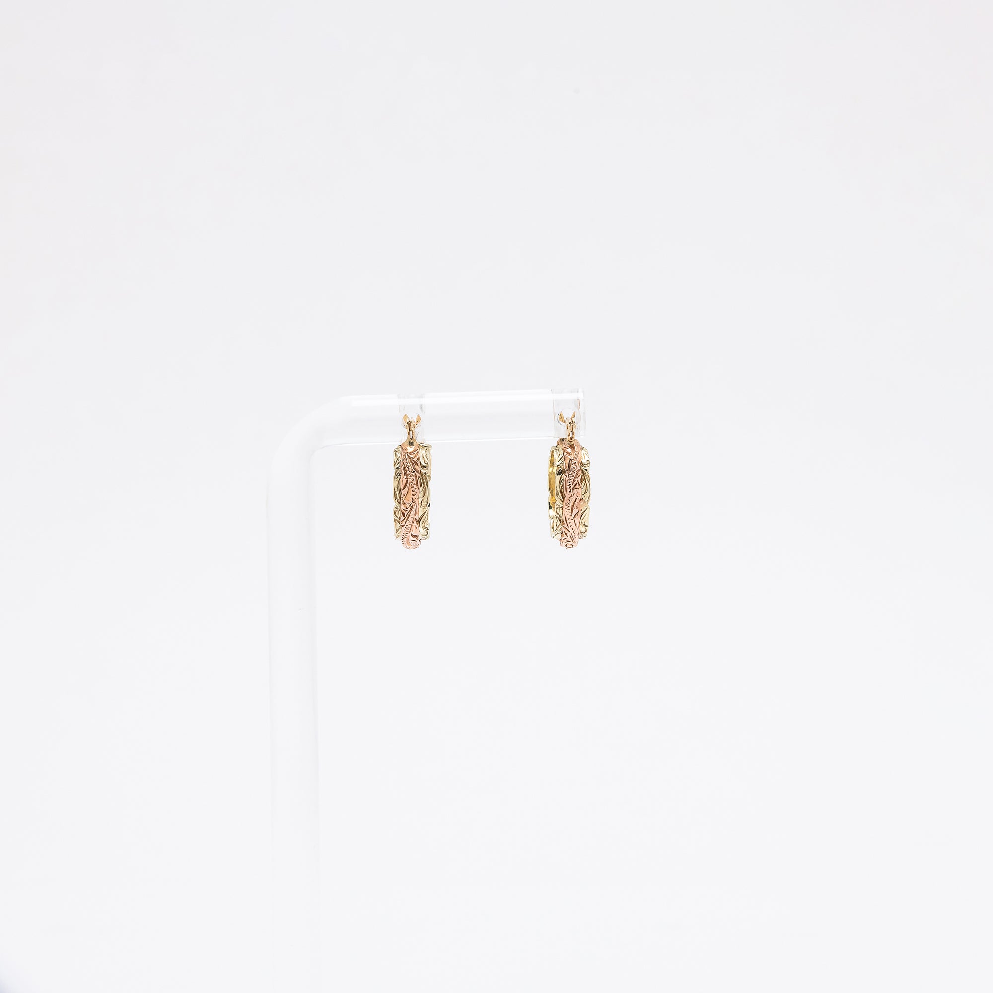 Double Walled Hawaiian Heritage Engraved Huggie Hoops in Rose and Green Gold