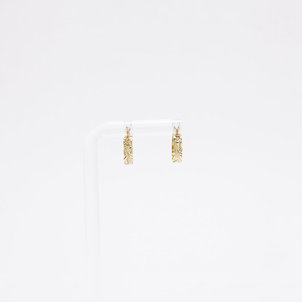 Single Plumeria + Hawaiian Heritage Engraved Huggie Hoops in Green Gold