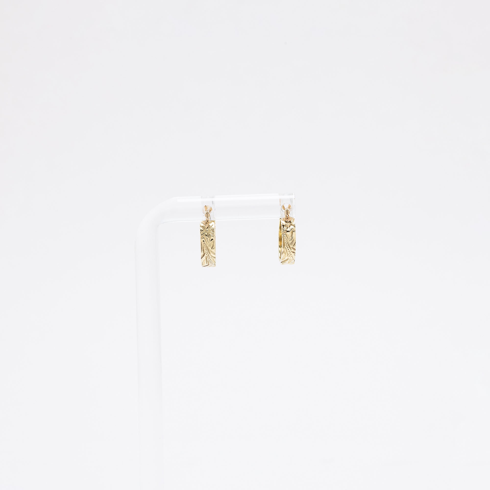 Single Plumeria + Hawaiian Heritage Engraved Huggie Hoops in Green Gold