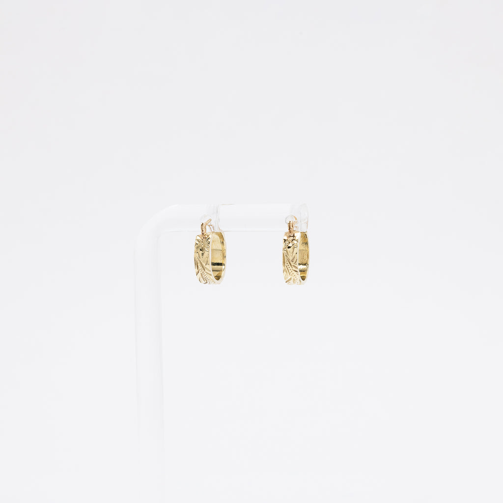 Single Plumeria + Hawaiian Heritage Engraved Huggie Hoops in Green Gold