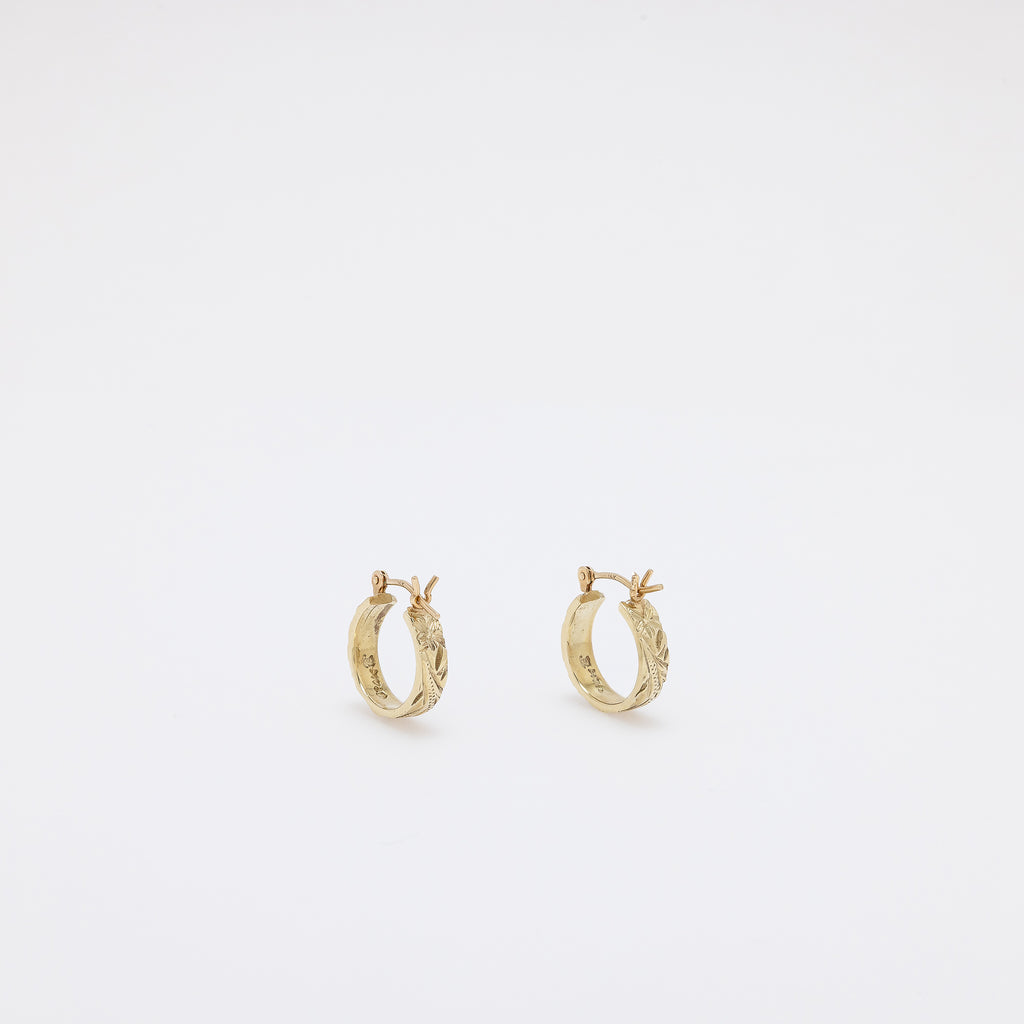 Single Plumeria + Hawaiian Heritage Engraved Huggie Hoops in Green Gold