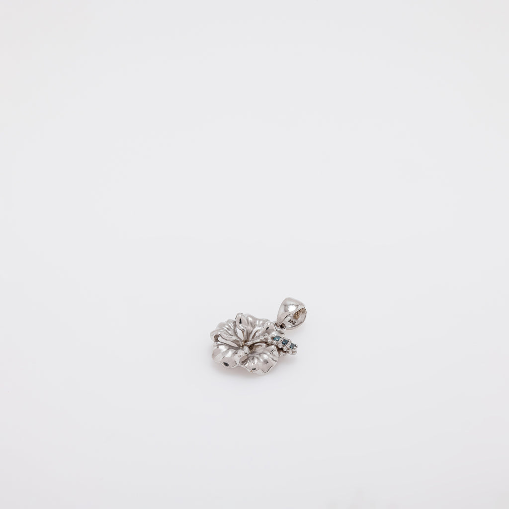 Blue Diamond Hibiscus Pendant in White Gold