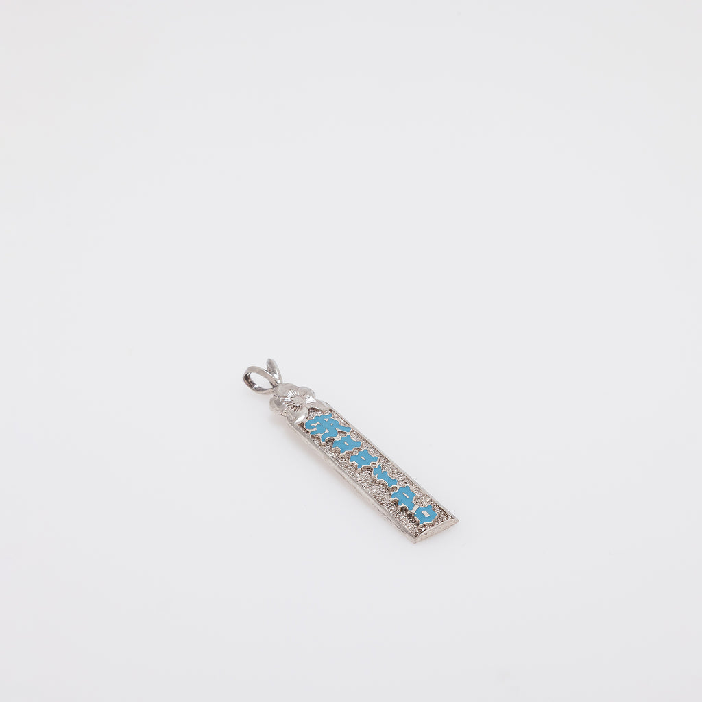 Blue KUʻUIPO Vertical Bar Pendant with Carved Plumeria