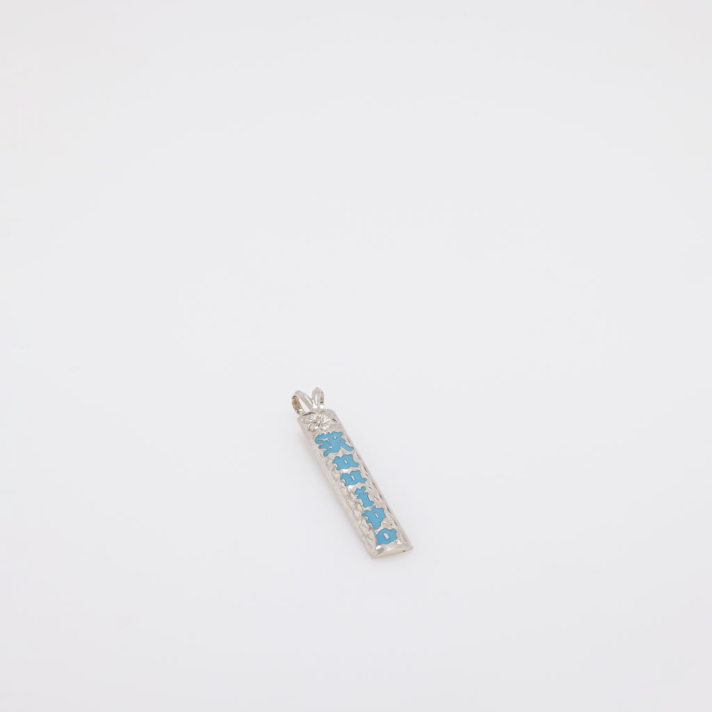 Blue KUʻUIPO Vertical Bar Pendant with Etched Plumeria