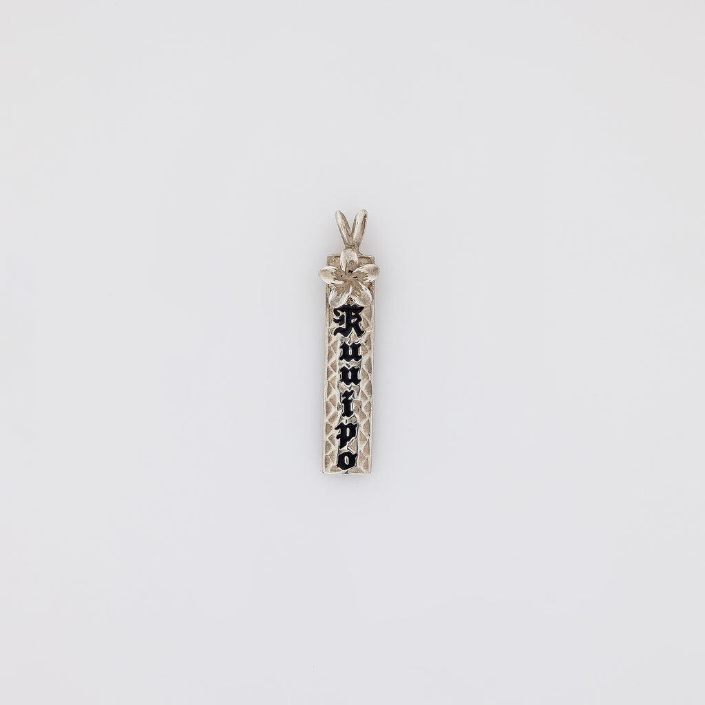 Black KU'UIPO Vertical Bar Pendant with 3D Plumeria