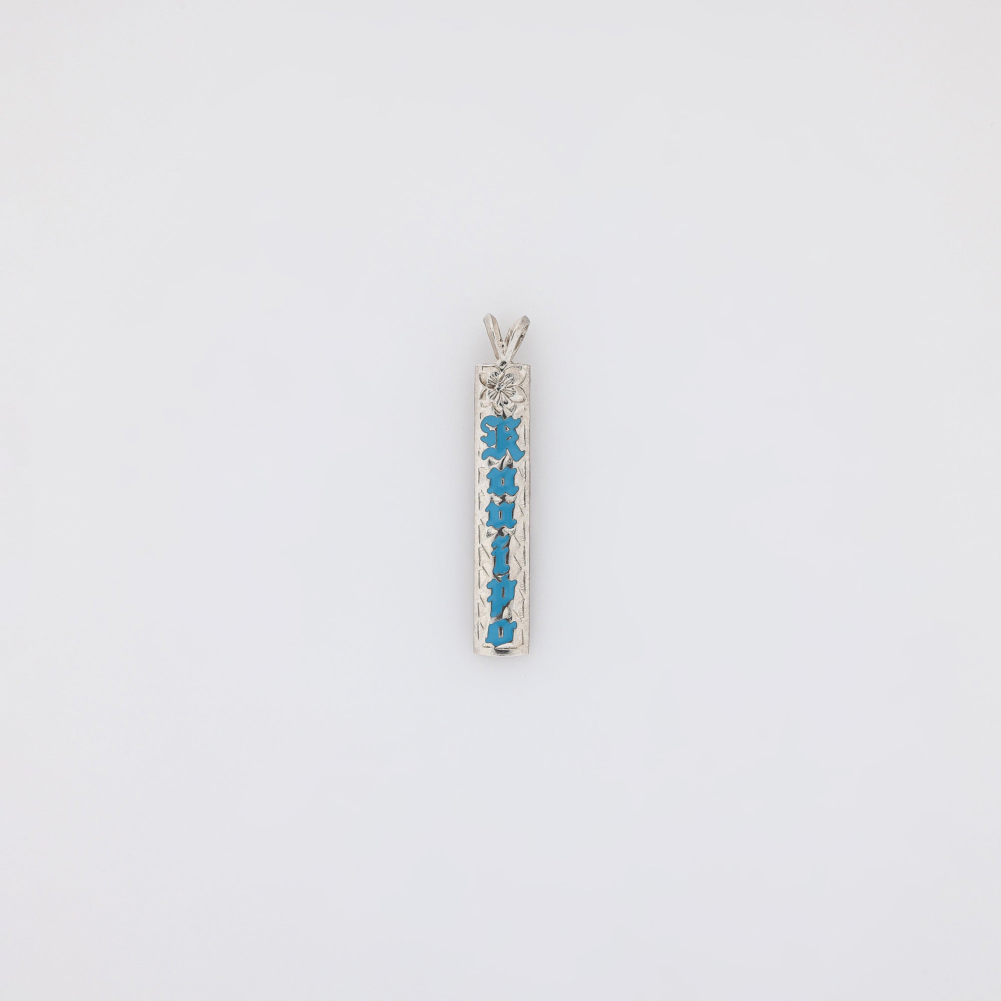Blue KUʻUIPO Vertical Bar Pendant with Etched Plumeria