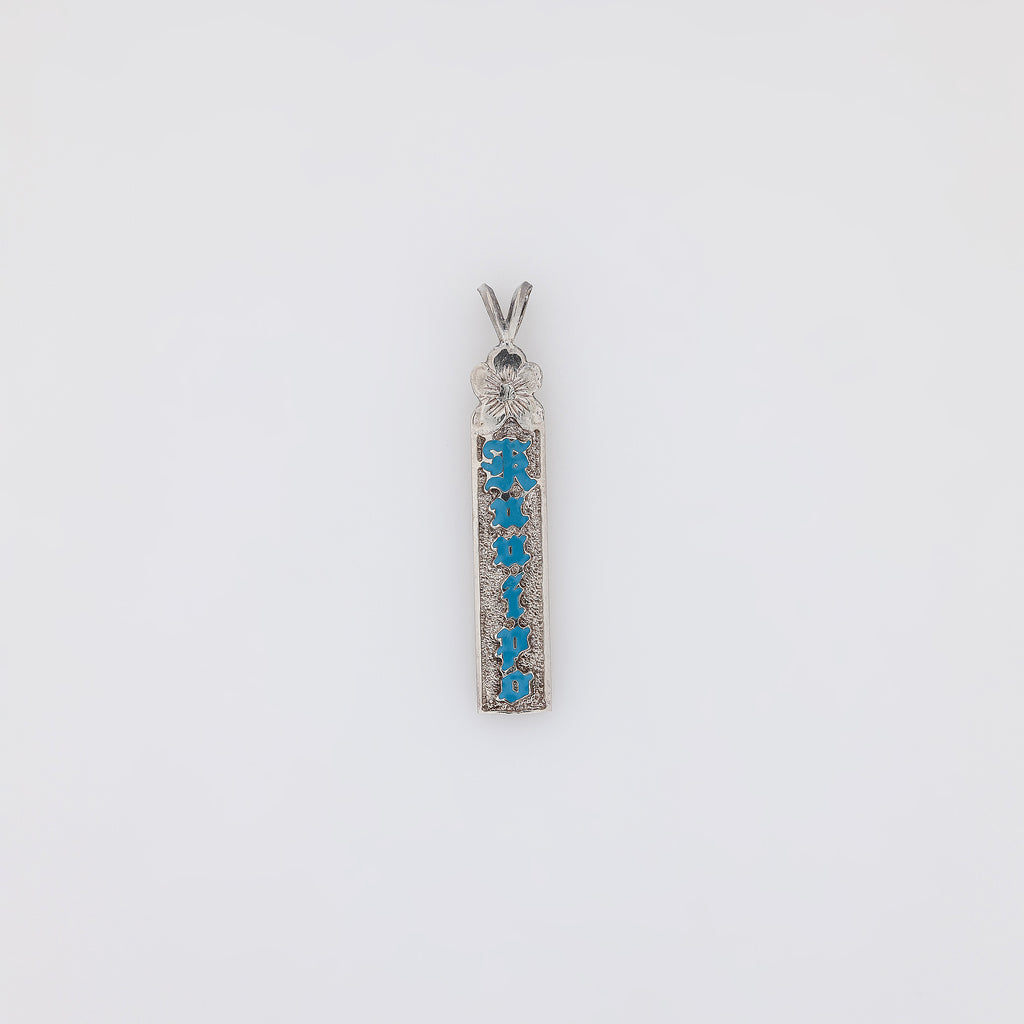 Blue KUʻUIPO Vertical Bar Pendant with Carved Plumeria