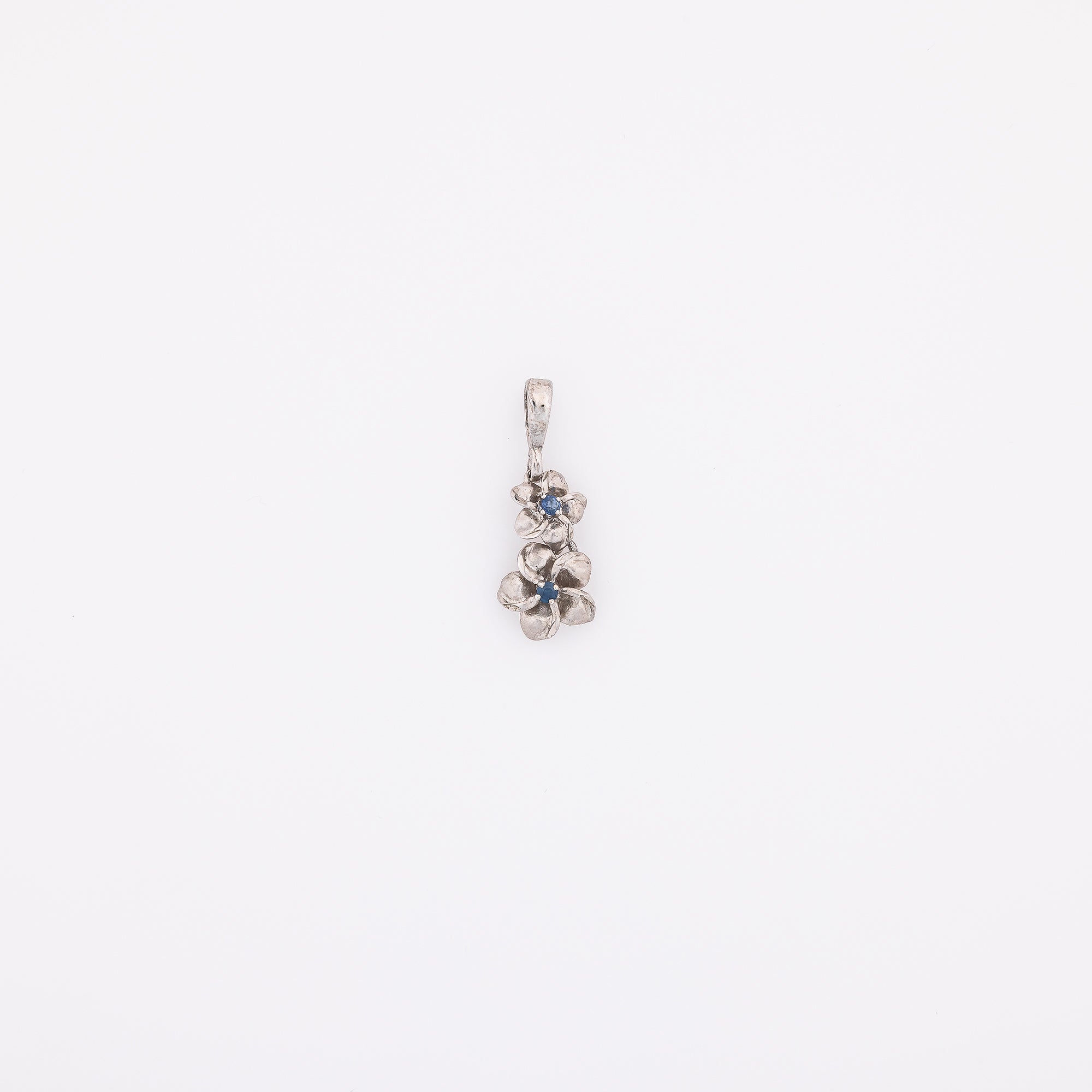 Double Dangling Plumeria Pendant with Sapphires in 14k White Gold
