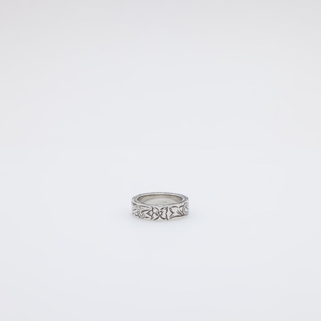 Square Plumeria + Scroll Band Ring [Size 6]