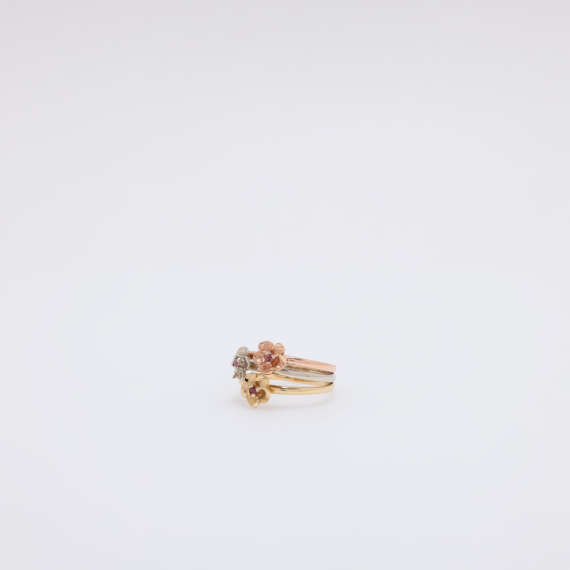 Pink Sapphire Triple Plumeria Ring in Tricolor Gold [Size 6.5]