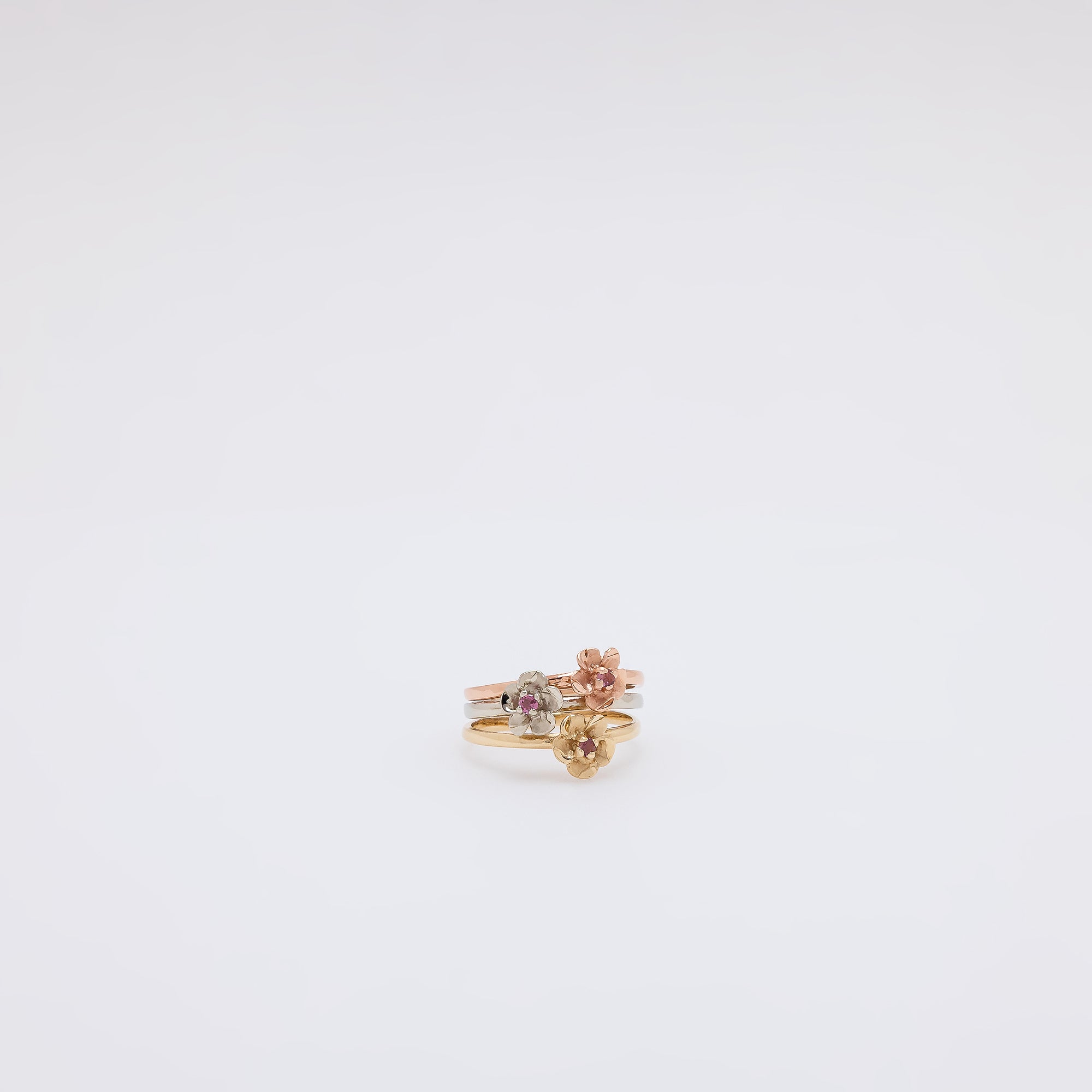 Pink Sapphire Triple Plumeria Ring in Tricolor Gold [Size 6.5]