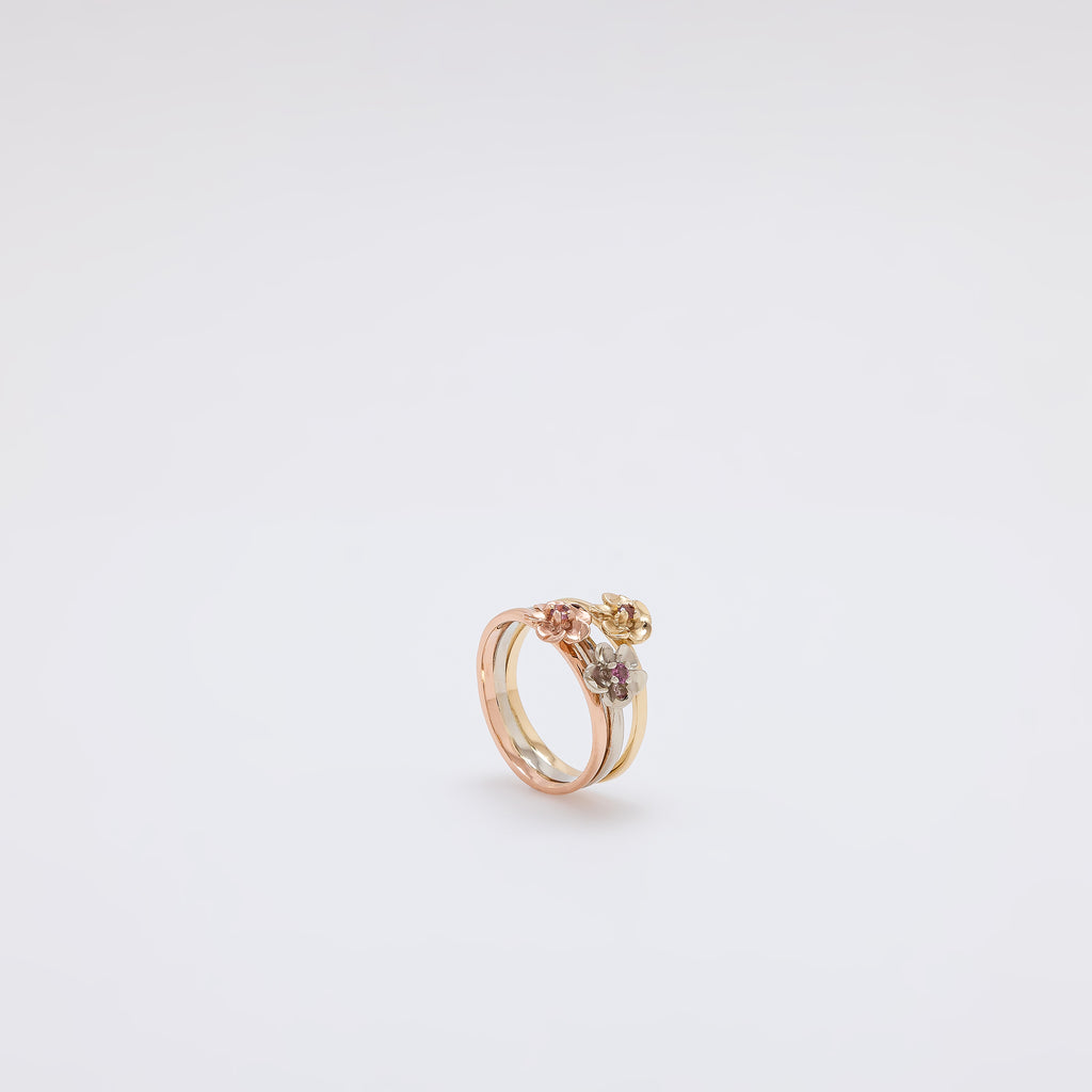 Pink Sapphire Triple Plumeria Ring in Tricolor Gold [Size 6.5]