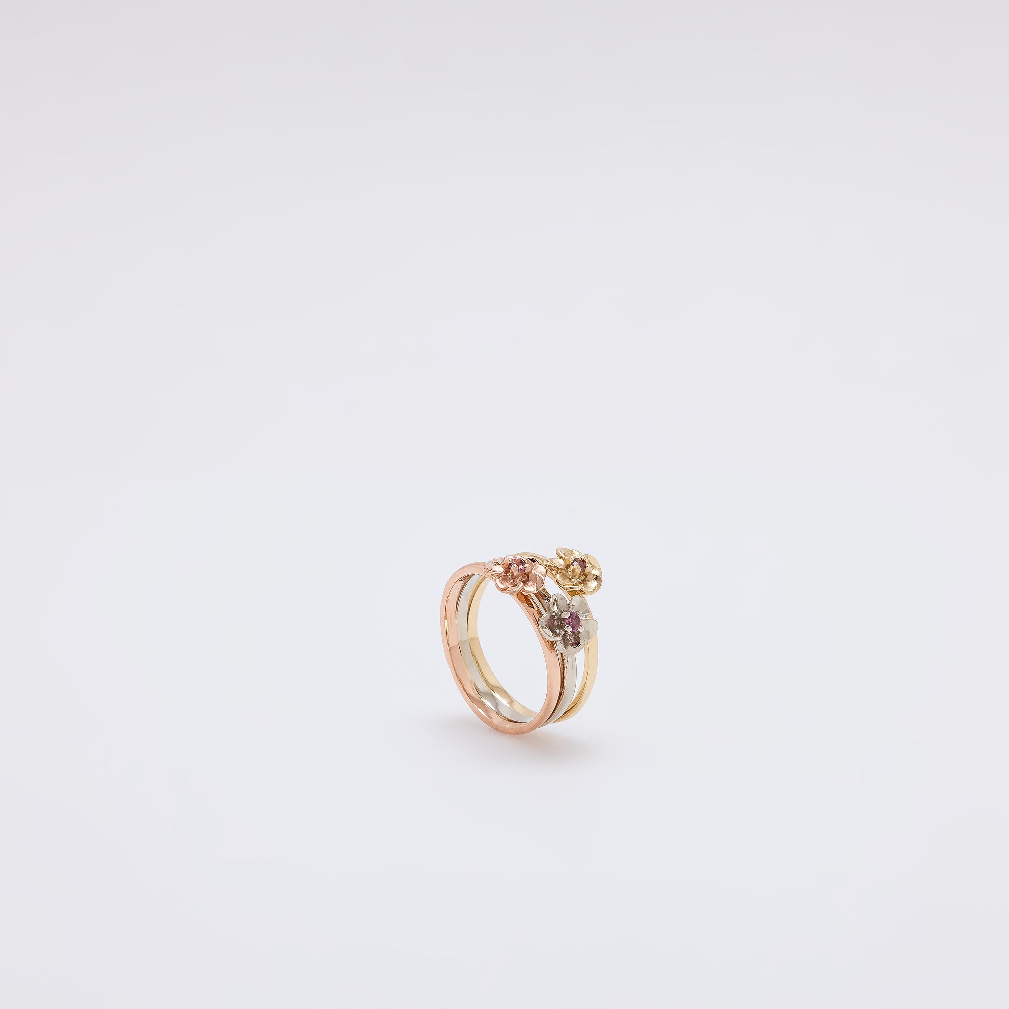 Pink Sapphire Triple Plumeria Ring in Tricolor Gold [Size 6.5]